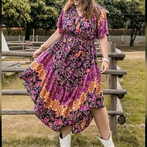 Shein Rusttydustty Plus Floral Print Butterfly Sleeve Belted Dress